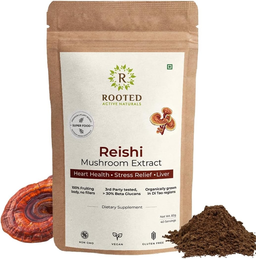 ROOTED Reishi Mushroom Extract Powder ¦ Heart Health, Stress Relief, Liver. USDA Organic, 30% Beta Glucans, Certified Organic (2.11 Ounce)