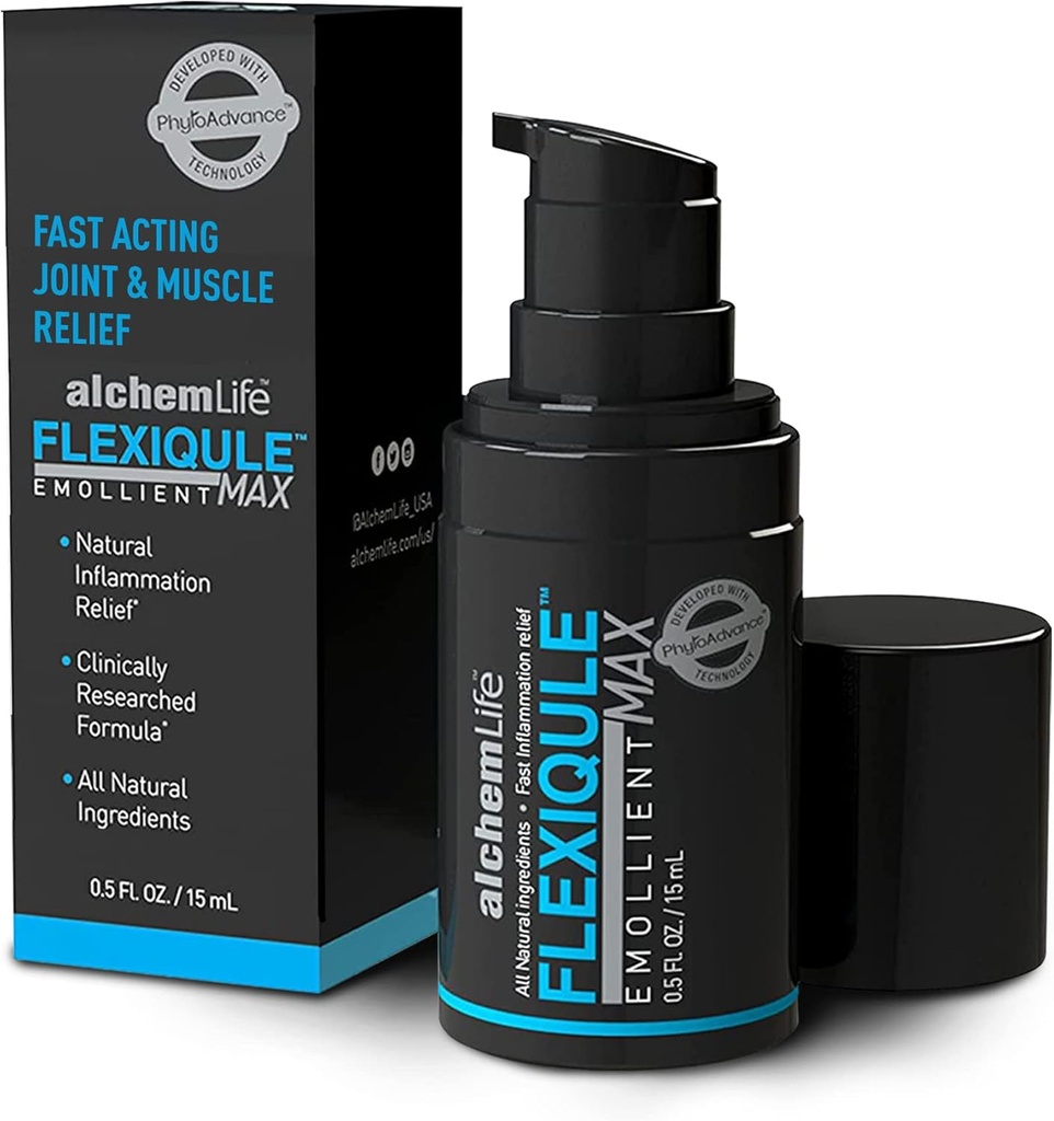 AlchemLife FlexiQule MAX - Actuación rápida Emollient Apoyo a la articulación natural &amp; Muscle Relief - Soothes Stiffness & Aids Mobility - Powerful Phyto-Actives of Ginger, Boswellia & Piperine - (15mL Pump)