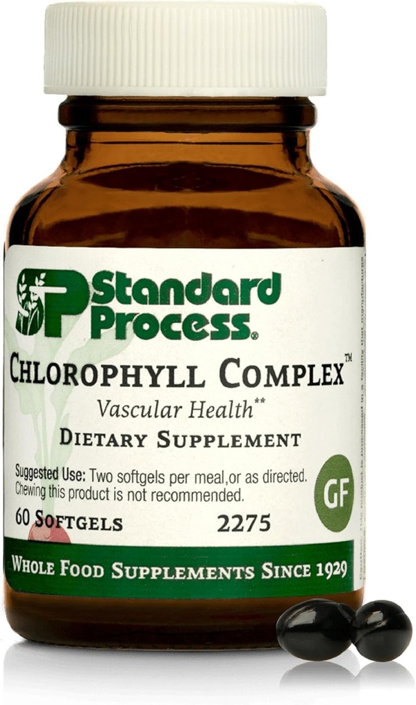 Standard Process Inc. Chlorophyll Complex - Immune Support, Antioxidant Activity, Skin Health and Hair Health Support with Vitamin A, Sunflower Lecithin, Buckwheat, Spanish Moss - 60 Softgels