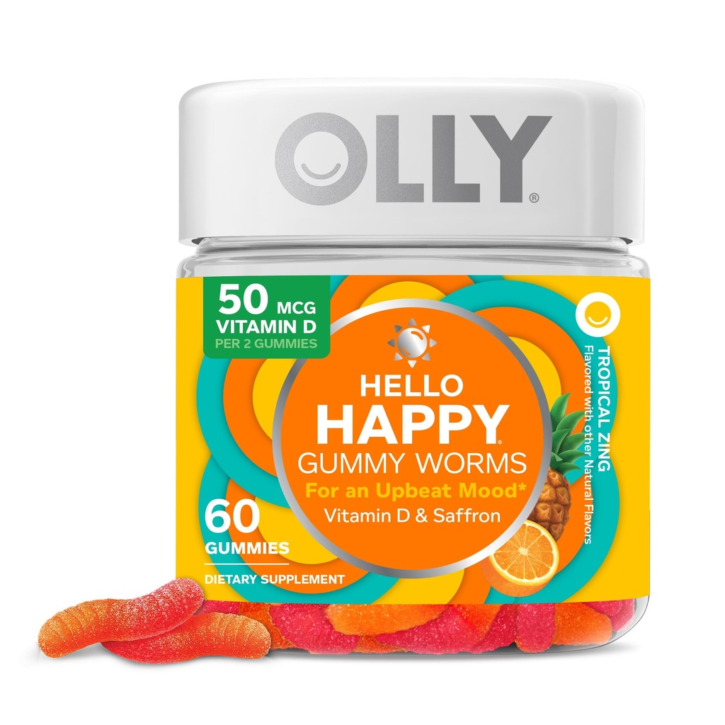 OLLY Hello Happy Gummy Worms, Mood Balance Support, Vitamina D, Saffron, Adult Chewable Suplemento, Tropical Zing - 60 Cuenta