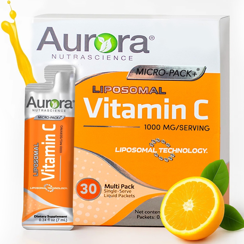 Aurora Nutrascience Liposomal Liquid Vitamin C - Healthy Immune Support Supplement for Adults, Sugar Free, 1000 mg per Serving, Vegan, Gluten Free, Non-GMO - 30 Single Serve Packets, Orange