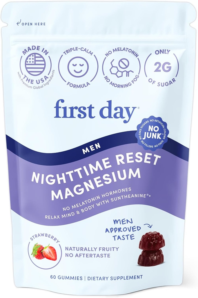Reiniciar Noche de los Hombres Gummies de Magnesio Calming – Ayuda al sueño Apoyos Descanso pacífico, Mood balanceado y energía – Suplemento con Citrato de Magnesio, L-Theanine &amp; No Melatonin – 30 días de suministro