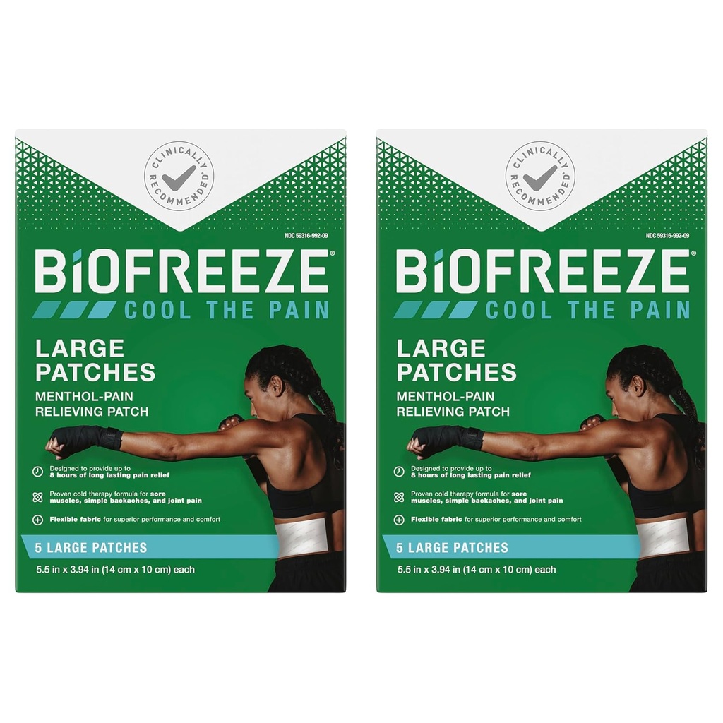 Biofreeze Pain Relief Patches, Artritis Dolor Reliver, rodillas " Relevamiento de dolor de espalda inferior, Sore Muscle Relief, Neck Pain Relief, 2 Pack (5 Biofreeze Menthol Patches)