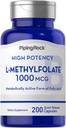 Piping Rock L Methylfolate Suplemento TEN 1000 mcg ANTE 200 Capsules tóxico Forma activa de ácido fólico Silencioso No GMO, Gluten Gratis