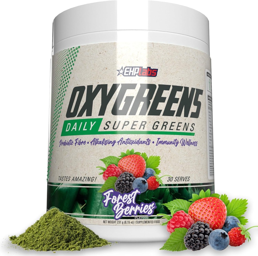 EHP Labs OxyGreens Super Greens Powder – Daily Greens & Superfood Supplement with Spirulina, Chlorella, Prebiotics, Digestive Enzymes, Antioxidants – 30 Servings (Forest Berries)