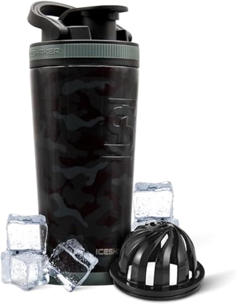 Ice Shaker Insulated Stainless Steel Shaker Bottle | 26oz, Black camo | Cold for 30+ Hours | Insulated Cup with Twist-on Agitator | Odor-Free Bottle for Protein Shakes, Water, Smoothies, Cocktails