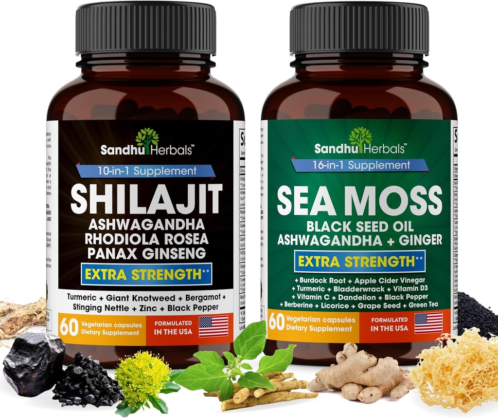 SANDHUHERBALS Sandhu Herbals Bundle - Sea Moss, Shilajit, Black Seed Oil, Ashwagandha, Ginger, Rhodiola Rosea, Panax Ginseng, Stinging Nettle