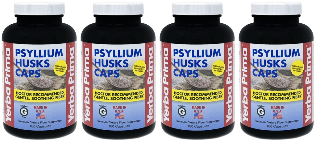 Yerba Prima Psyllium Husks Caps - 180 caps (Pack of 4) - Suplemento de fibra natural - Gluten sin GMO