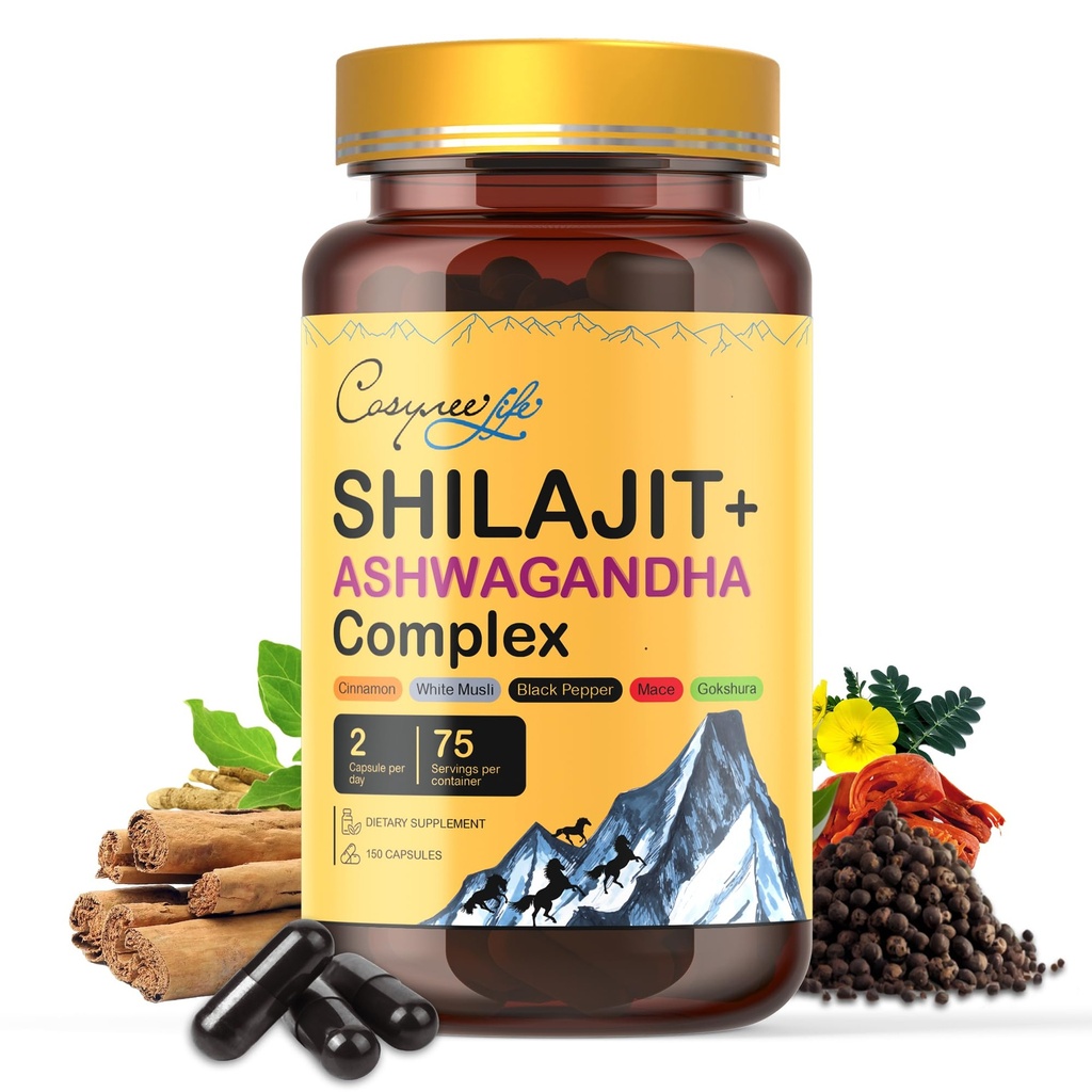 Himalayan Shilajit- Complejo con Ashwagandha, Mace, Gokshura, Cinnamon " Piperine  durable Energy, Vitality " 85+ Trace Minerals, Shilajit for Men, Shilajit for Women, Regular Dose - 150 cápsulas