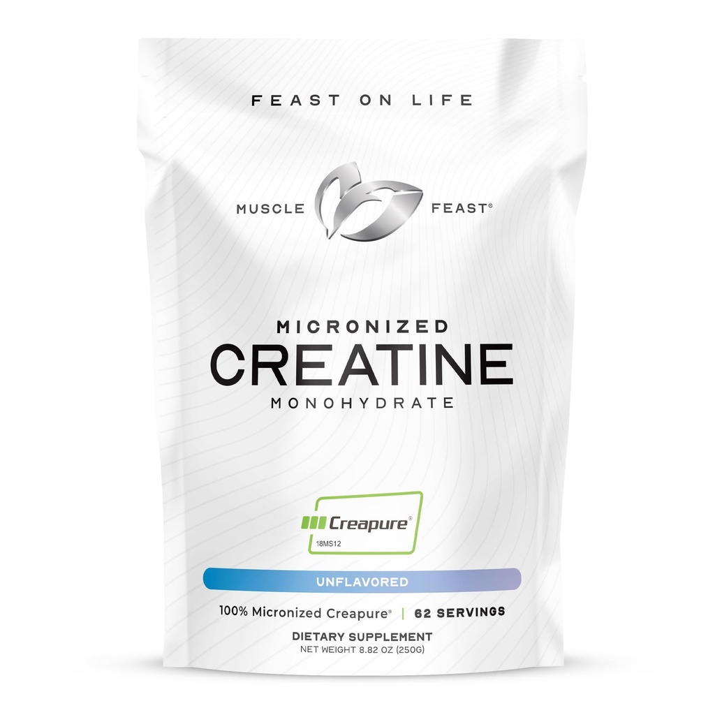 Muscle Feast Creapure - Micronized Creatine Monohydrate Powder  Premium Pre-Workout o Post-Workout ← Creatine for Women ' Men TEN Easy to Mix, Vegan, Gluten-Free, Safe and Pure (Unflavored, 250g)