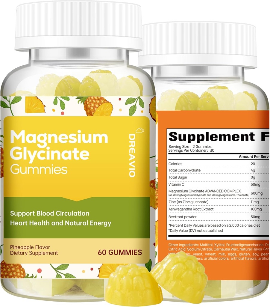 60 Count Magnesium Glycinate Gummies 400mg w/Ashwagandha Supplement - Sugar Free Zinc Magnesium Glycinate Supplement Ashwagandha Gummies for Adults Pineapple Flavor