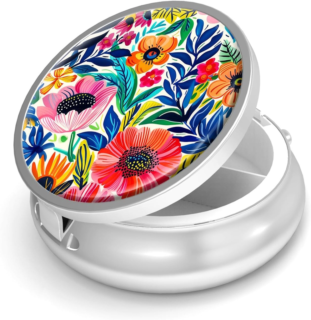 Pill Box-3 Compartment Funda de pequeña pill para purse &amp; Pocket Mini Metal Pill Holder Travel Pill Container to Hold Supplements Vitamins BPA-Free (Gloria del Jardín)