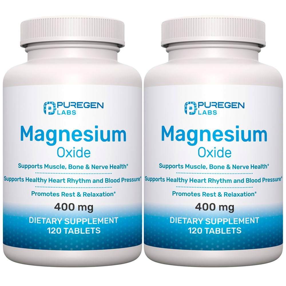 Puregen Labs Magnesium Oxide 400mg High Potency, 2 Pack, Total 240 Tablets