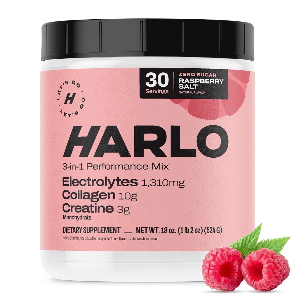 Harlo - Raspberry Salt Electrolyte Drink Mix with Bovine Collagen &amp; Creatine- Creatine Monohydrate Powder - Pre Workout Powder - Sugar Free Energy Drinks - Post Workout Recovery