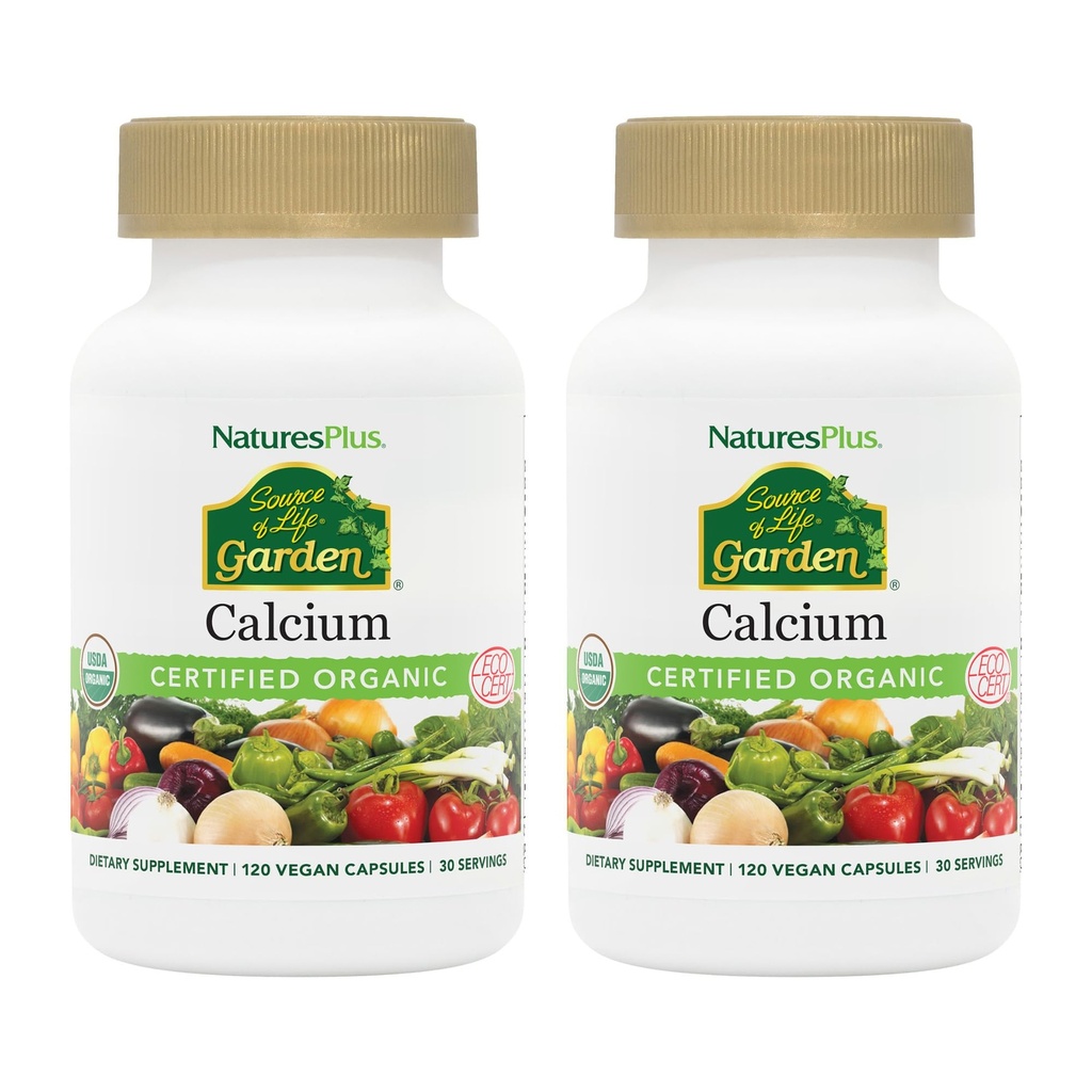 NaturesPlus Fuente de Life Garden Calcium - 120 Vegan Capsules, Pack of 2 - Vegetarian, Gluten Free, Certified Organic - 60 Total Servings