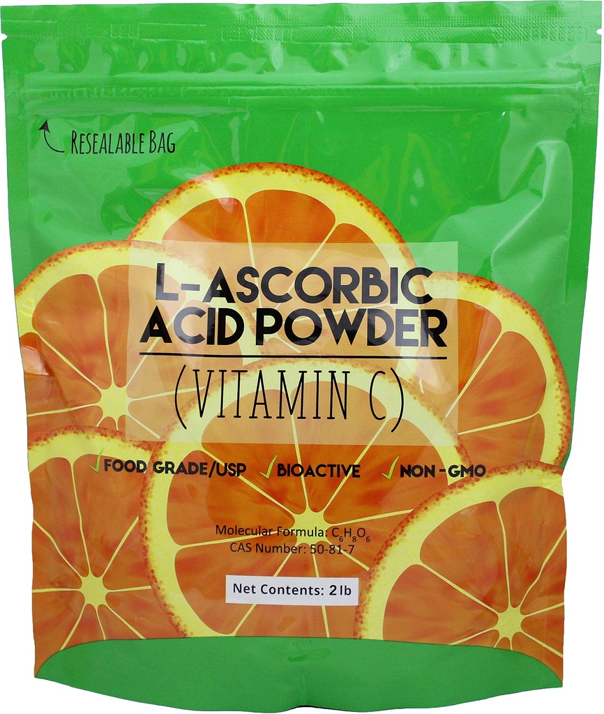 Duda Energy asc2 Bag of L-Ascorbic Acid Powder, 2 lb., 99+% Food Grade USP36/BP2012 Naturally Fermented Pure White Crystals Form of Vitamin C