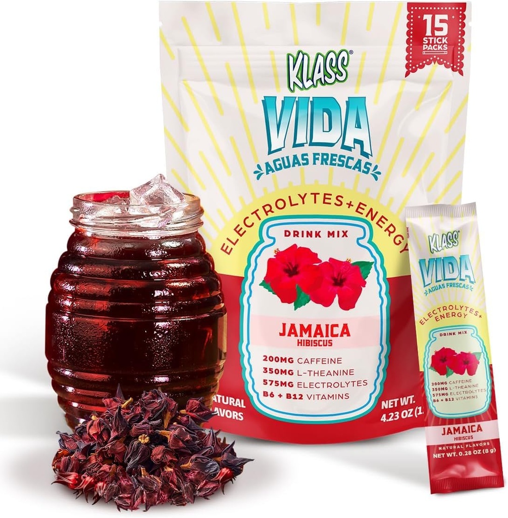 Hydration + Energy Electrolyte Drink Mix – Hibiscus Agua Fresca Flavor ¦ Powder libre de azúcar con cafeína, L-Theanine, Coconut Water & Minerals ← 15 Single-Serve Stick Packs, Low Calorie