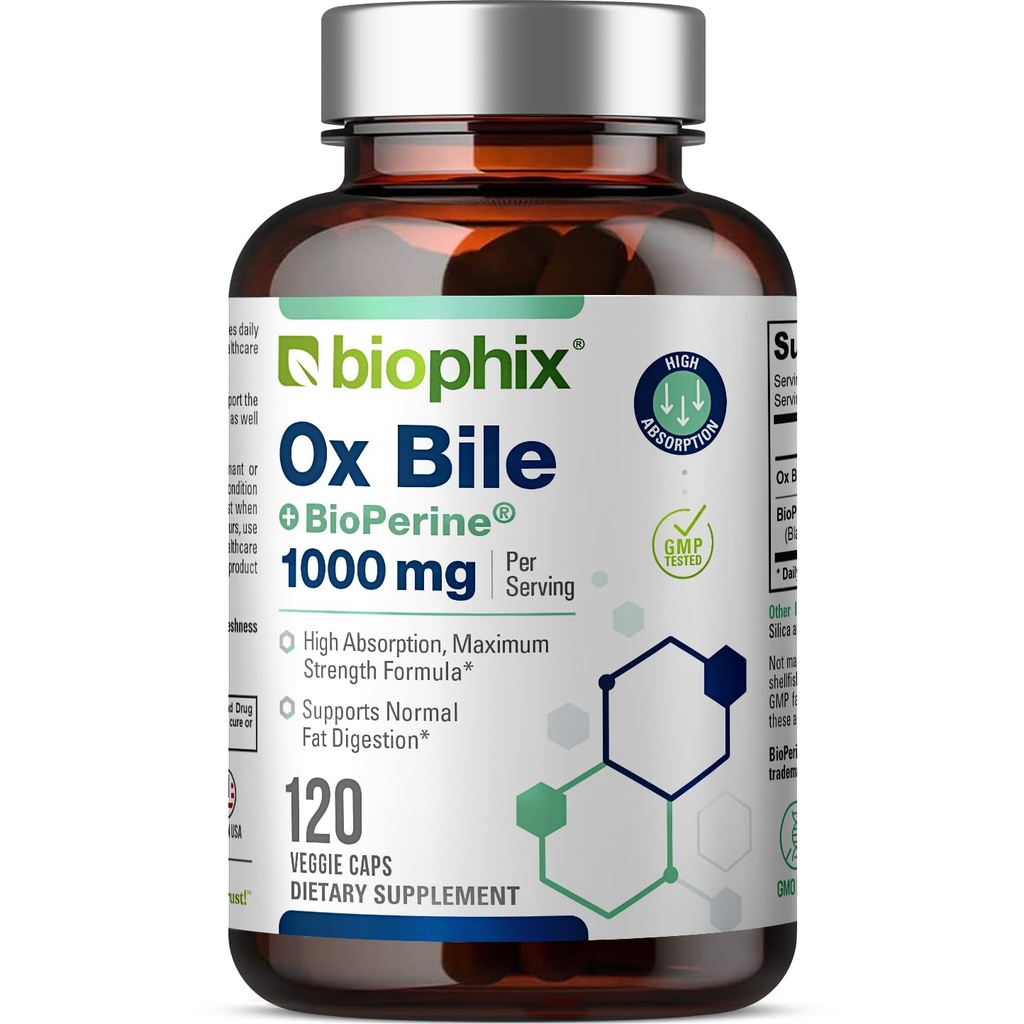 biophix Ox Bile 1000 mg with BioPerine 120 Veggie Capsules - High Absorption Digestive Enzymes Supplement - Liver Metabolic GI Fat Metabolism Support