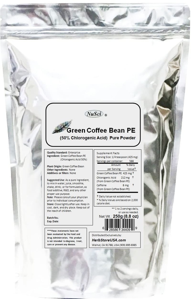 Pólvora de grano de café verde, ácido clorogénico estandarizado 50% (250 gramos (8,8 oz))