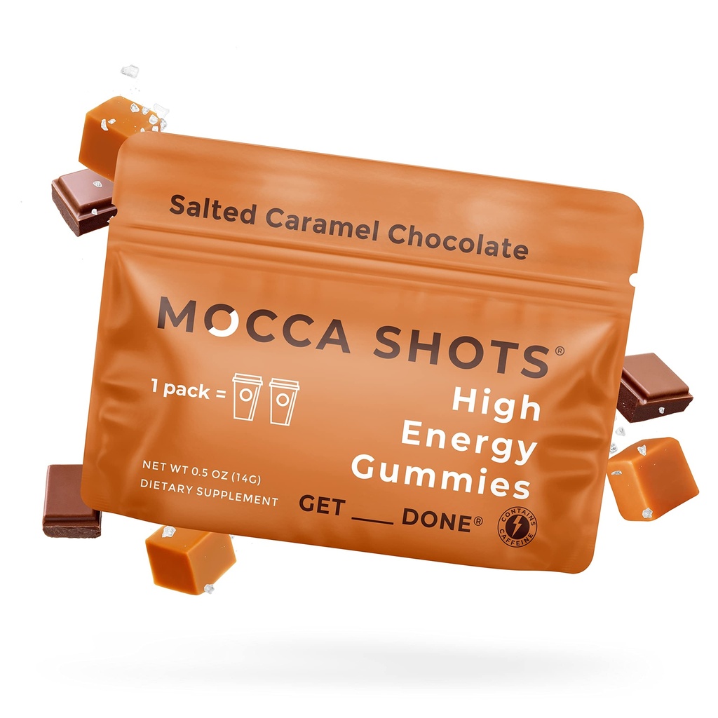 SGC Concentración más alta 100mg Caffeine per Gummy, 2 Gummies per Pack, 6-Pack Mocca Shots Salted Caramel Plant-Based nootropic Instant Energy with Ginkgo biloba, Theobromine.