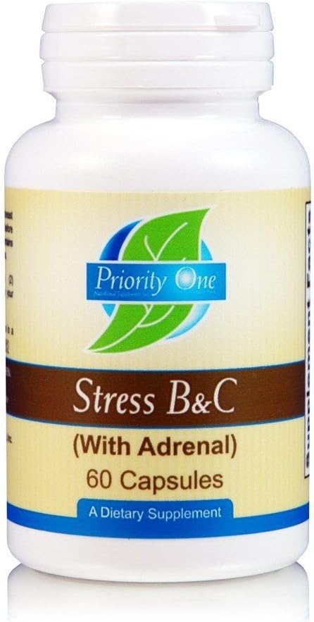 Priority One Vitamins Stress B & C 60 Capsules - Complejo B con Adrenal Gland completo para soportar nervios saludables, piel, ojos, funciones gastrointestinales y cerebro.*