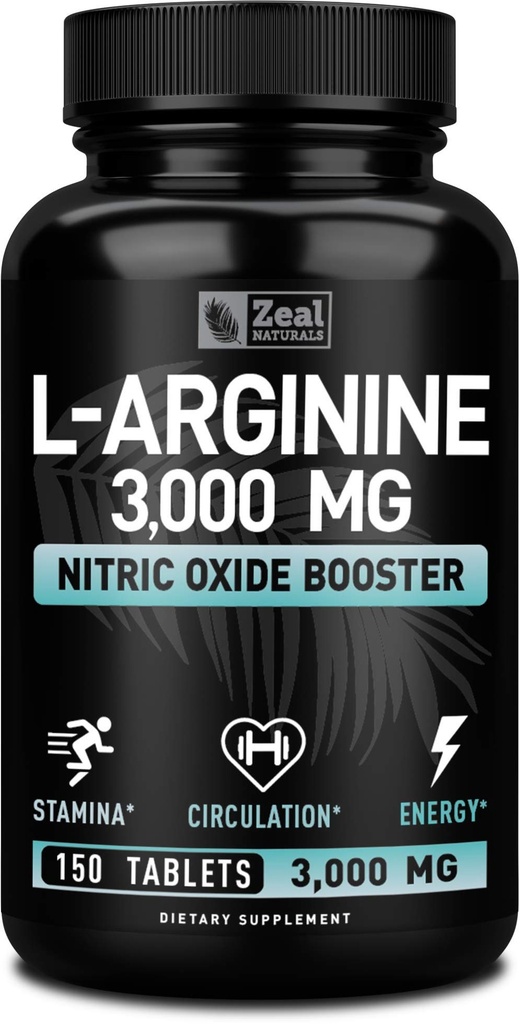 Zeal Naturals L Arginina 3000mg Cápsulas (150 Tablets tención 1000mg) Máxima Dose L-Arginina Nitric Oxide Suplemento para apoyar el crecimiento muscular, función vascular y energía - Nitric Oxide Booster