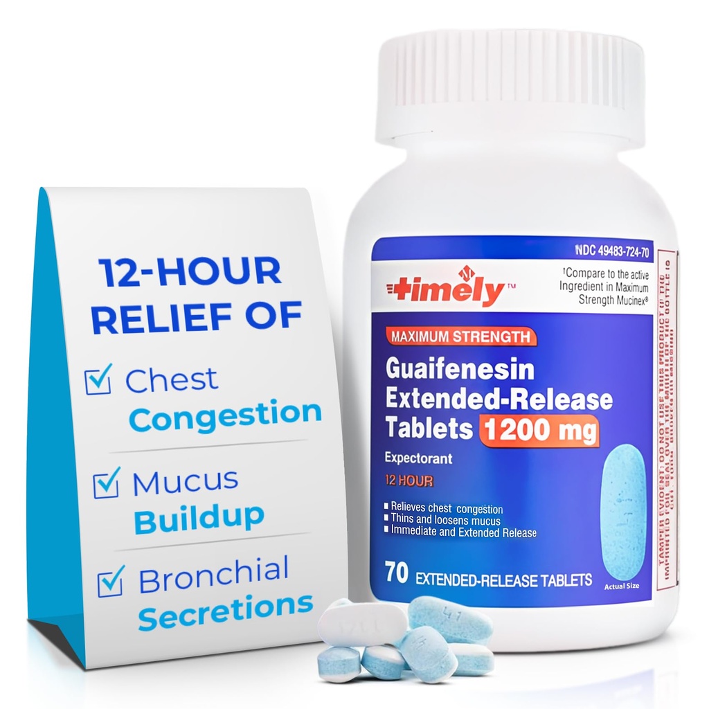 Lágrimas de hora, INC. Guaifenesin 1200 mg Tabletas extendidas de liberación - El alivio de la congestión del pecho expectorante para adultos - dura hasta 12 horas - 70 cuenta