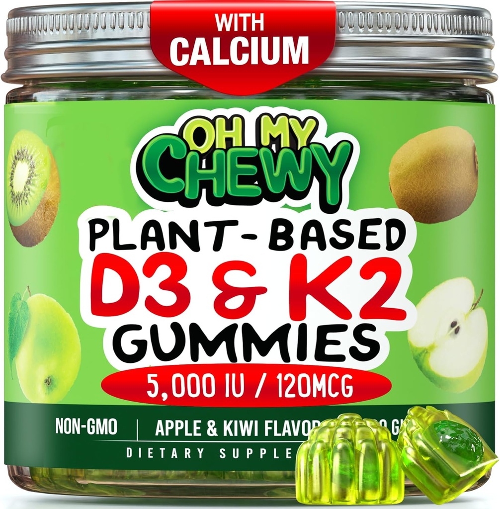 Centro-Filled Vitamina D3 K2 Gummies - Niños, Adolescentes & Adultos - Suplemento para Dientes Saludables, Huesos, Energía &amp; Inmunidad - 5000 UI D3, 120 mcg K2(MK-7), 120 mg Calcium - Vegan &amp; Non-GMO - 60 Conde