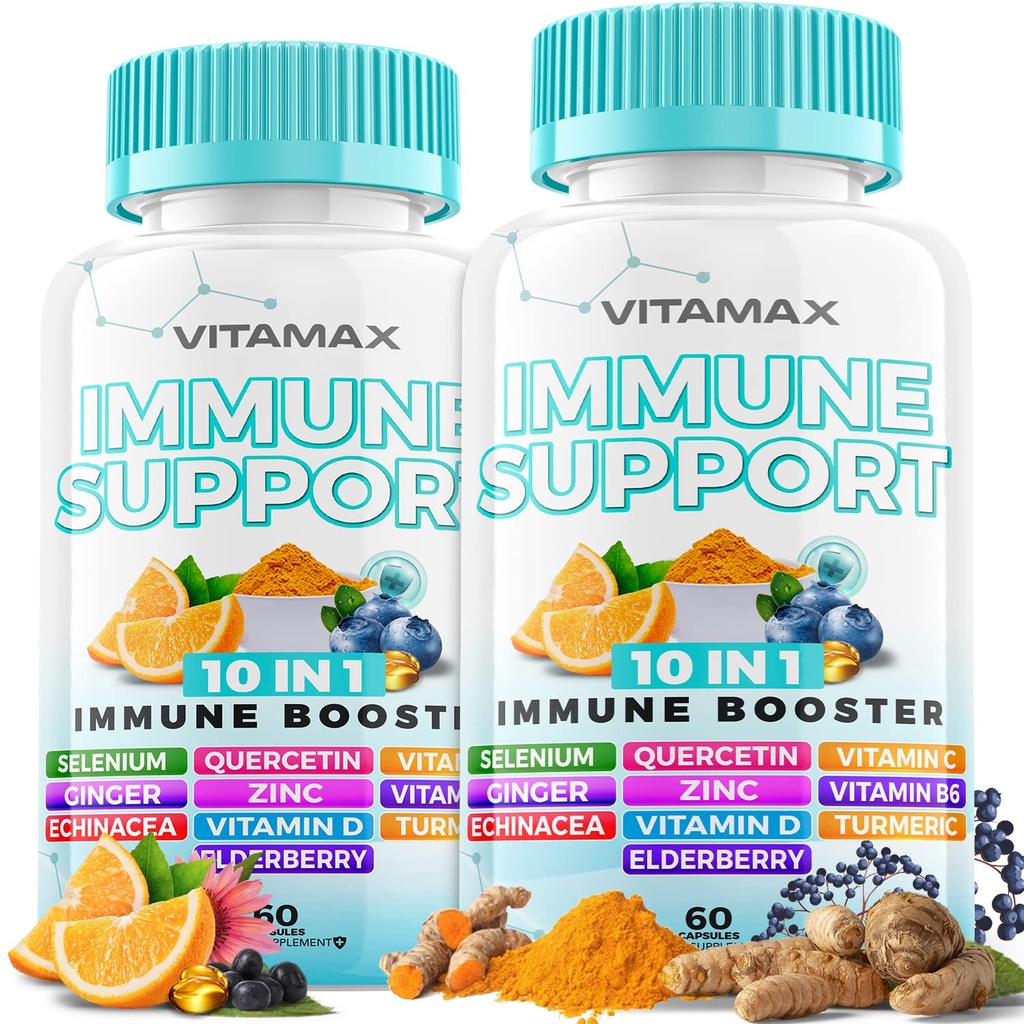 10-in-1 Immune Support with Elderberry, D3, Selenium, Quercetin, Zinc, Vitamin C, Ginger, Turmeric Curcumin, B6, Echinacea – Immune Defense – Made in USA (60 Count (Pack of 2))
