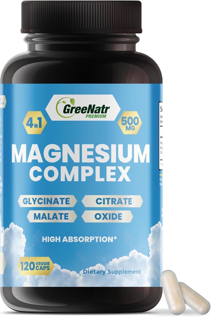 Suplemento Complejo de GreeNatr Magnesio - Suplementos de Magnesio con Glycinate, Citrato, Malate " óxido - Tablas de magnesio para la digestión, sueño, salud cardíaca, " Energía - vitaminas de magnesio 120 condes