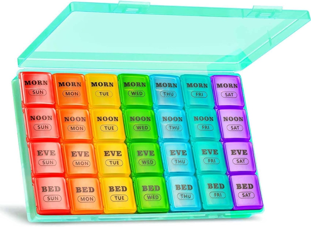 XL Gran organizador semanal de píldoras 4 veces al día, 7 días cajas y organizador AM PM, Big Compartments Pill Case, organizador mensual de medicamentos 28 días dispensador de aceites de pescado