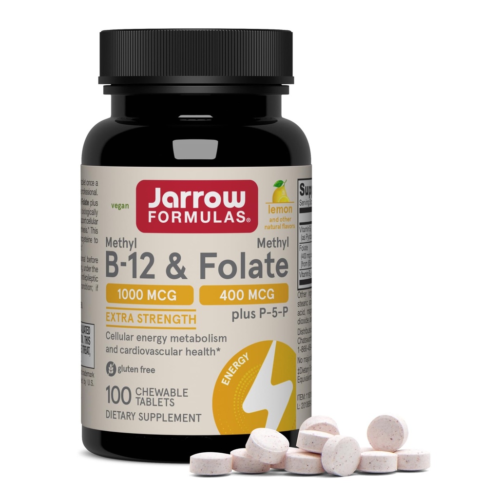 Jarrow Formulas Methyl B-12 1000 MCG y Metil Folate 400 MCG, Extra Strength, Cellular Energy Metabolism y Cardiovascular Health Formula(1) Con P-5-P, 100 Tablets Chewable, Hasta 100 Day Supply
