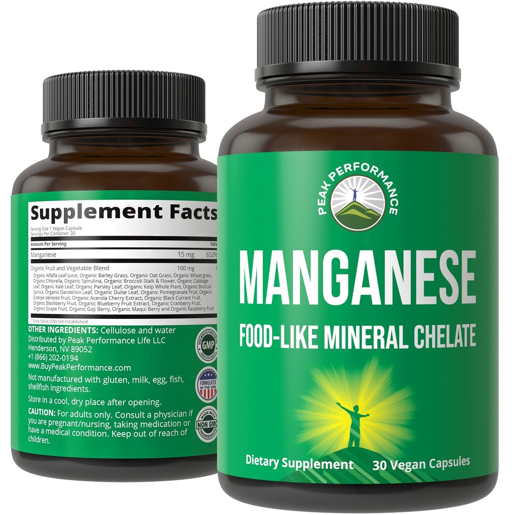 Alimentos Complementarios Manganesos Como Chelated Mineral Para Absorción Superior Con Alimento Integral De 25+ Frutas & Verduras. Pure Trace Mineral Capsules For Connective Tissue, Bone Health, Enzyme Support