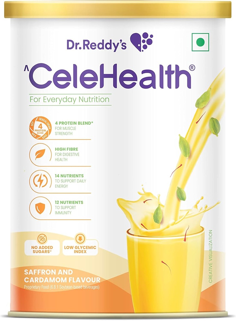 Bebida Nutricional Celehealth del Dr. Reddy, Suplemento Proteína para el uso diario, bajo índice glucémico, azúcar cero añadido, Saffron y Cardamon sabor, 400g, amarillo