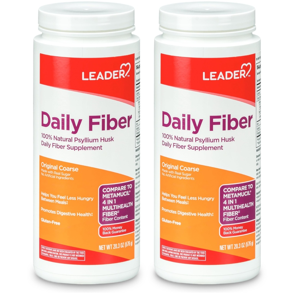 LEADER Psyllium Husk Powder Supplement 4-in-1 Fiber for Digestive Health, Plant Based 100% Natural Psyllium Husk Daily Fiber, Gluten Free, Non-GMO, Compare con Metamucil 20.3 OZ (Pack of 2)