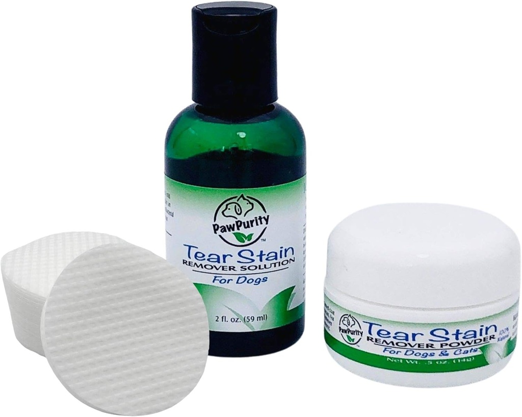 PawPurity Tear Stain Remover Starter Kit for Dogs | Includes Tear Stain Remover Solution 2 oz, Powder .5oz and 30 Application Pads | 100% Natural | Removal Takes About 7-10 Days (30-45 day supply)