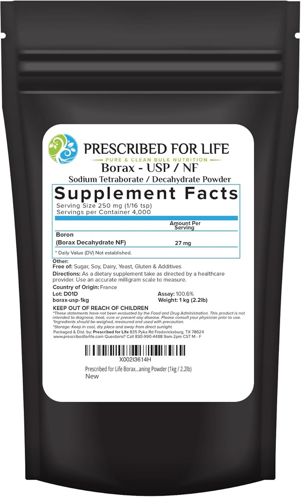 Prescribed for Life Borax Powder, Pure USP NF Grade All Natural Sodium Borate Powder, Household Laundry Booster, Slime Activator & Multipurpose Cleaning Powder (1kg / 2.2lb)