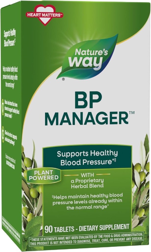 Nature's Way BP Manager, Supports Healthy Blood Pressure(1) & Heart Health*, with Stevia, Hawthorn, & Olive Leaf Extracts, 90 Tablets (Packaging May Vary)