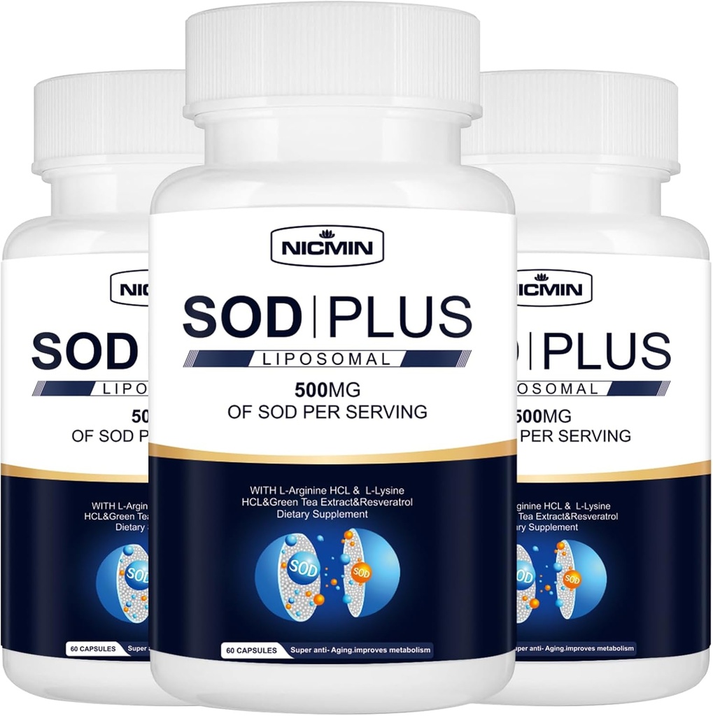 Superoxide Dismutase Supplement 500mg - SOD Plus with Liposomal Glutathione, AKG, Green Tea Extract, L-Arginine, Lysine, Resveratrol and Vitamin E for Immune Support, Antioxidant 180 Capsules