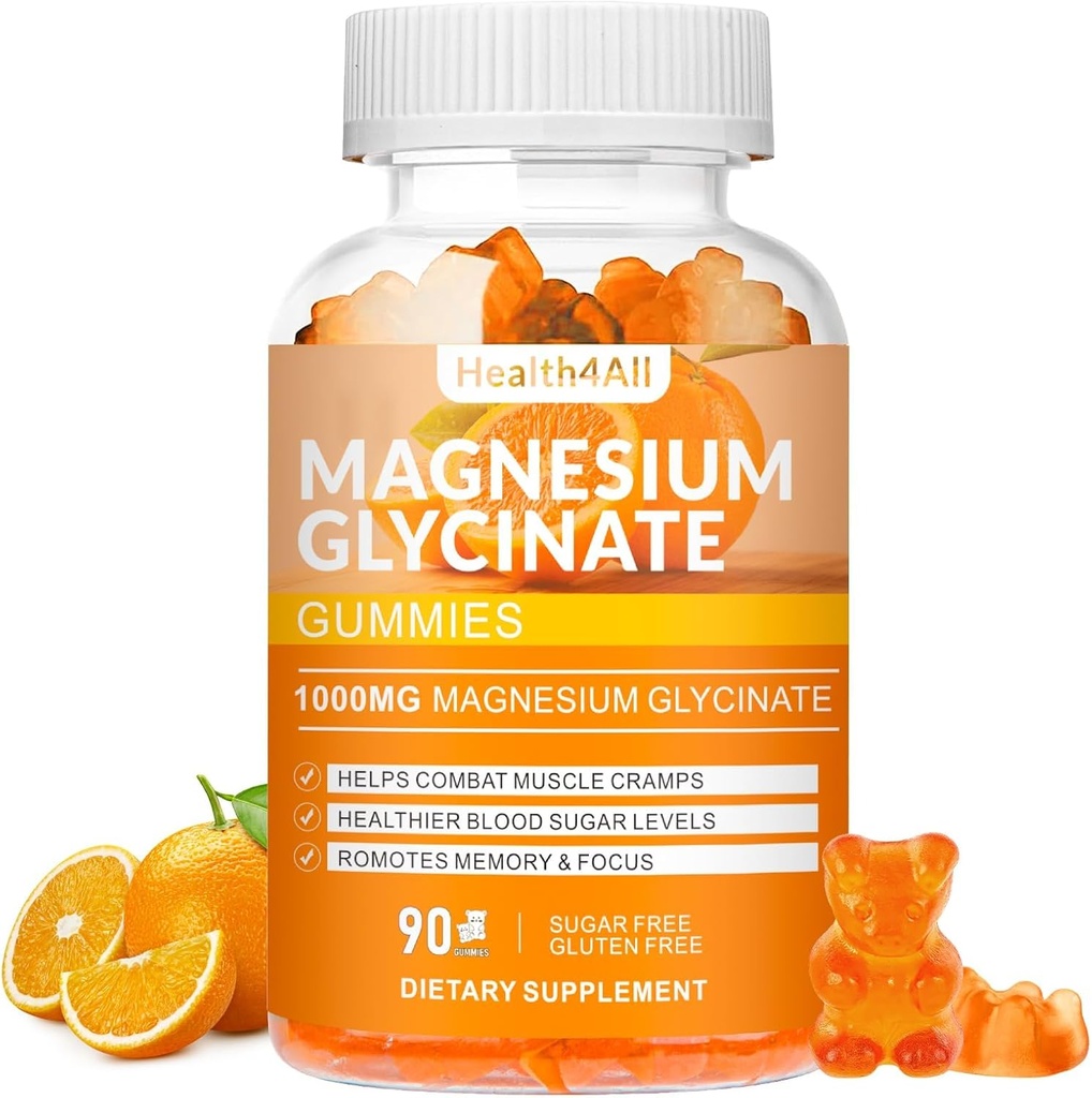 Magnesium Glycinate Gummies 1000mg, High Absorption Sugar Free Magnesium Potassium Supplement for Relaxation, Stress Relief, and Sleep Support for Adults & Kids - 90 Orange Gummies