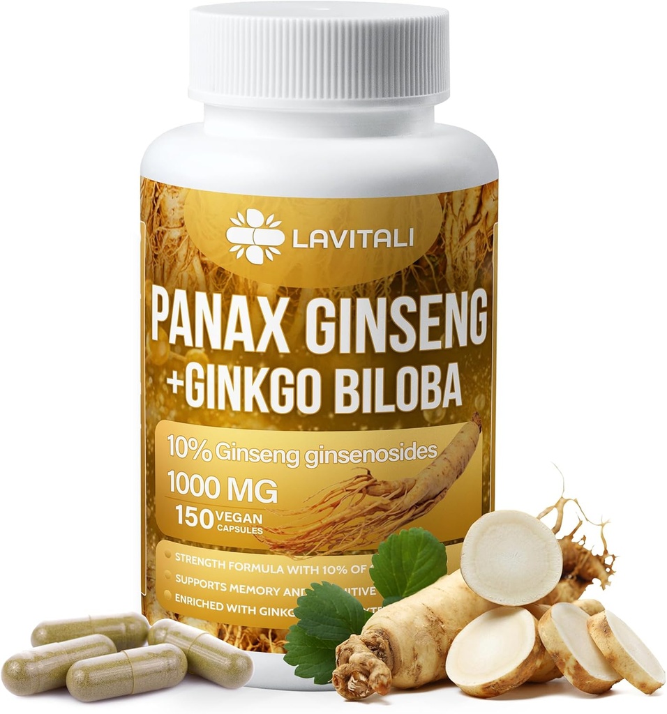 Ginseng &amp; Ginkgo Biloba 150 Veggie Capsules, Energy Ginseng Root Extract Powder, con Ginkgo Biloba Extract, 100% Natural &amp; No GMO, Vegan, Gluten Free, Dairy Free