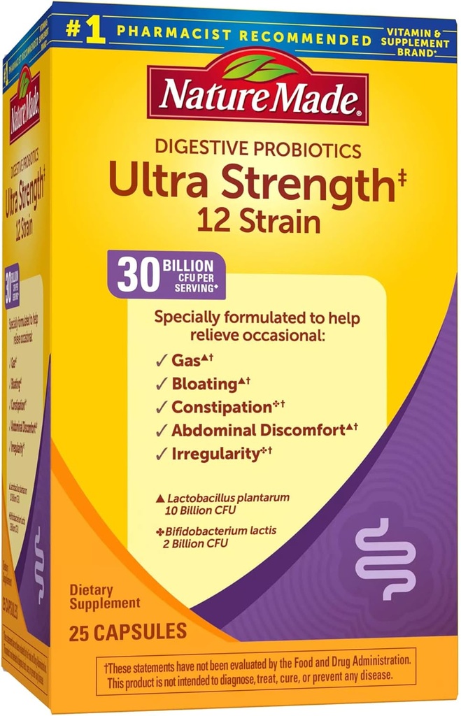 Nature Made Ultra Strength 12 Strain Digestive Probiotics, Probiotics for Women and Men, 25 Probiotic Capsules, 25 Day Supply