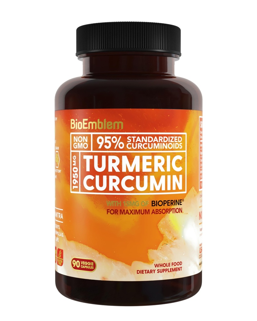 BioEmblem Turmeric Curcumin Supplement with BioPerine | Joint Support & Heart Health | with Organic Turmeric Powder & 95% Curcuminoids Extract | California Made, Non-GMO, 30-Day Supply