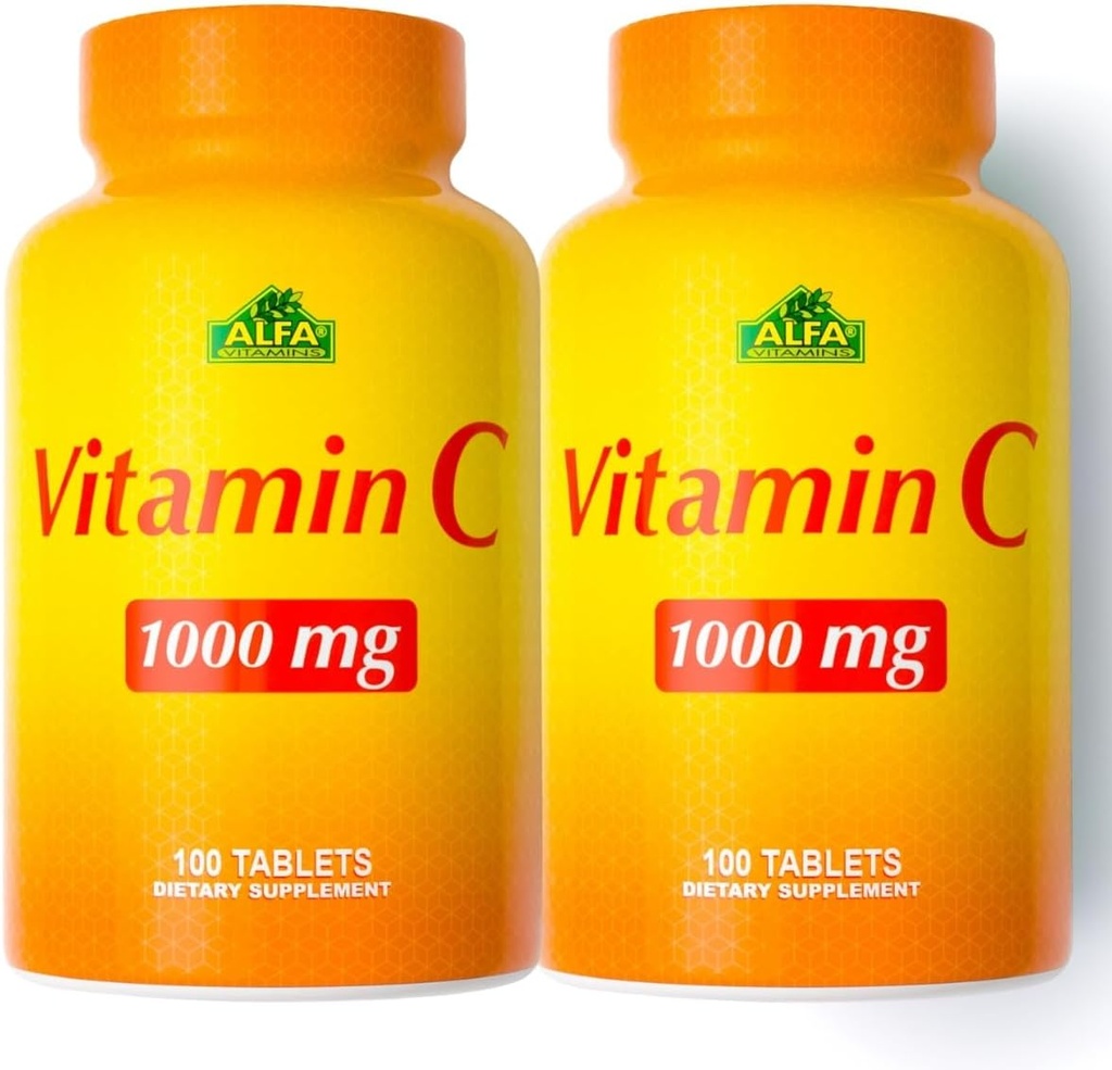 ALFA VITAMINS Vitamina C Suplemento 1000mg, potente antioxidante para el soporte inmunológico y la piel sana, promueve la formación del colágeno, suplemento dietético para el bienestar diario, 100 Tabletas, 2 Bottle Pack