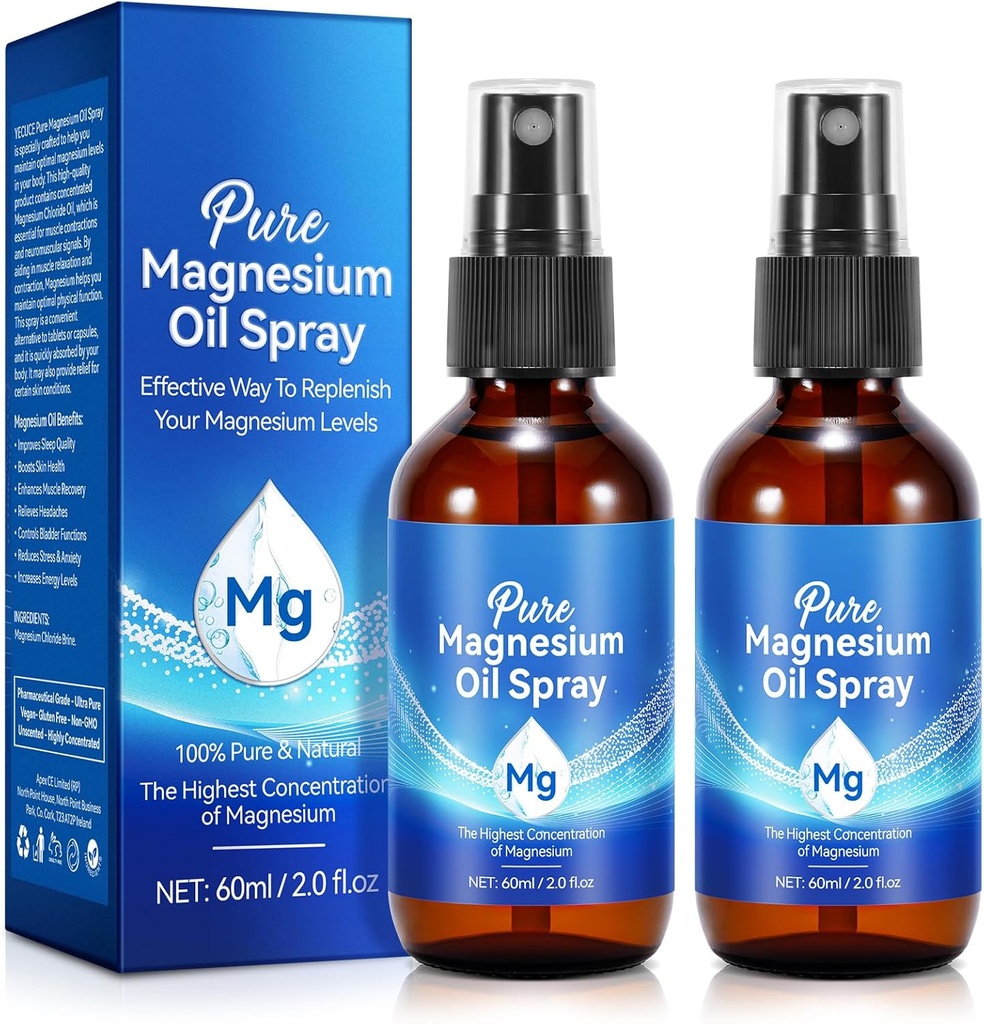 Magnesium Oil Spray, Pure Magnesium Oil for Feet,100% Natural & Organic Magnesium Spray Glass Bottle, Easy to Absorb & Use, Topical Magnesium Oil (4 Fl Oz,Pack of 2)