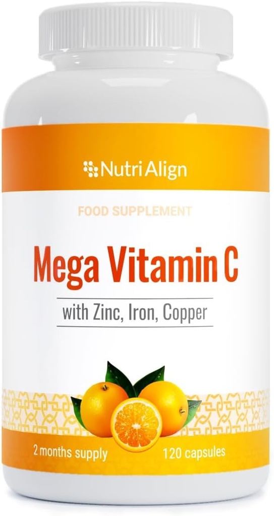 Nutri-Align Mega Vitamina C ← 120 High Strength Vitamin C 1000mg Capsules - Vitamina C y Zinc, Iron &amp; Copper Suplemento TEN VIT C Suplementos TEN Gluten & Sugar Free TEN Powerful Antioxidant