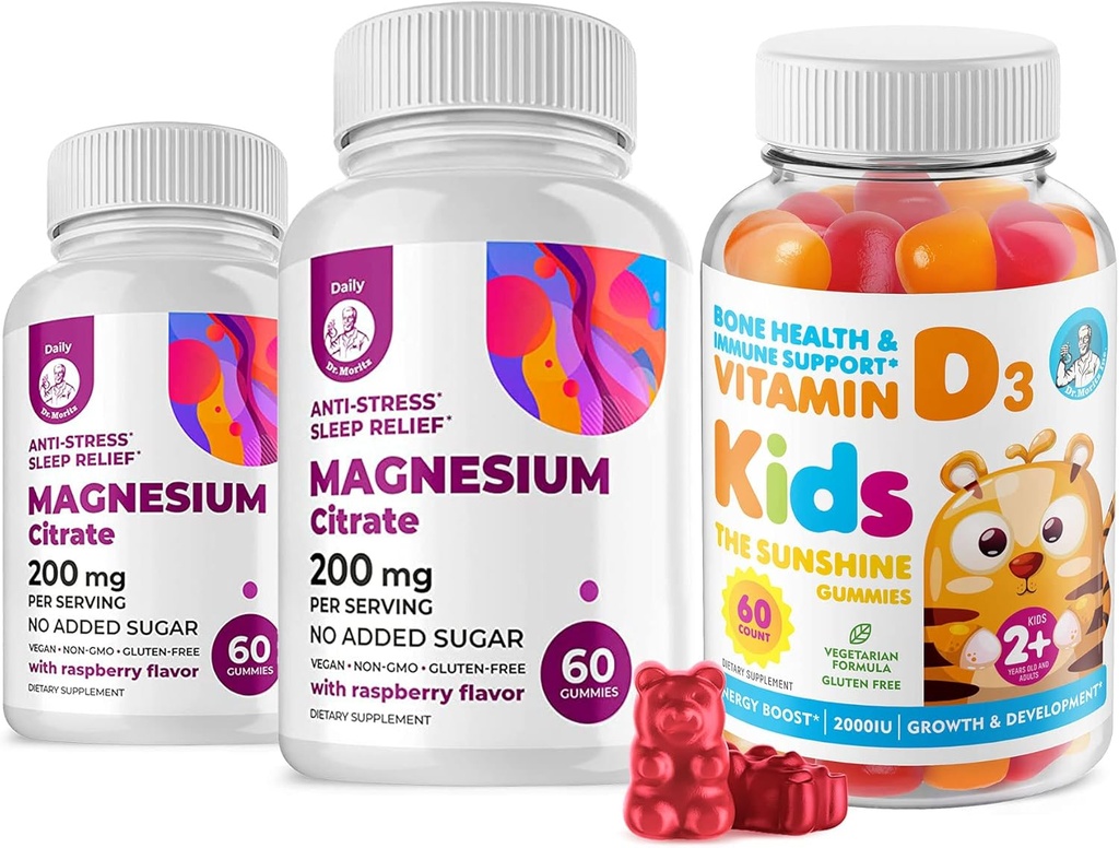 Vitamin D Gummies for Kids&Adults 2000 IU and Magnesium Gummies - healthy Vitamin D3 Supplements 1000IU - Vegetarian Gelatin-Free Immune Support with Sugar-Free Magnesium Calm Chews for Kids&Adults