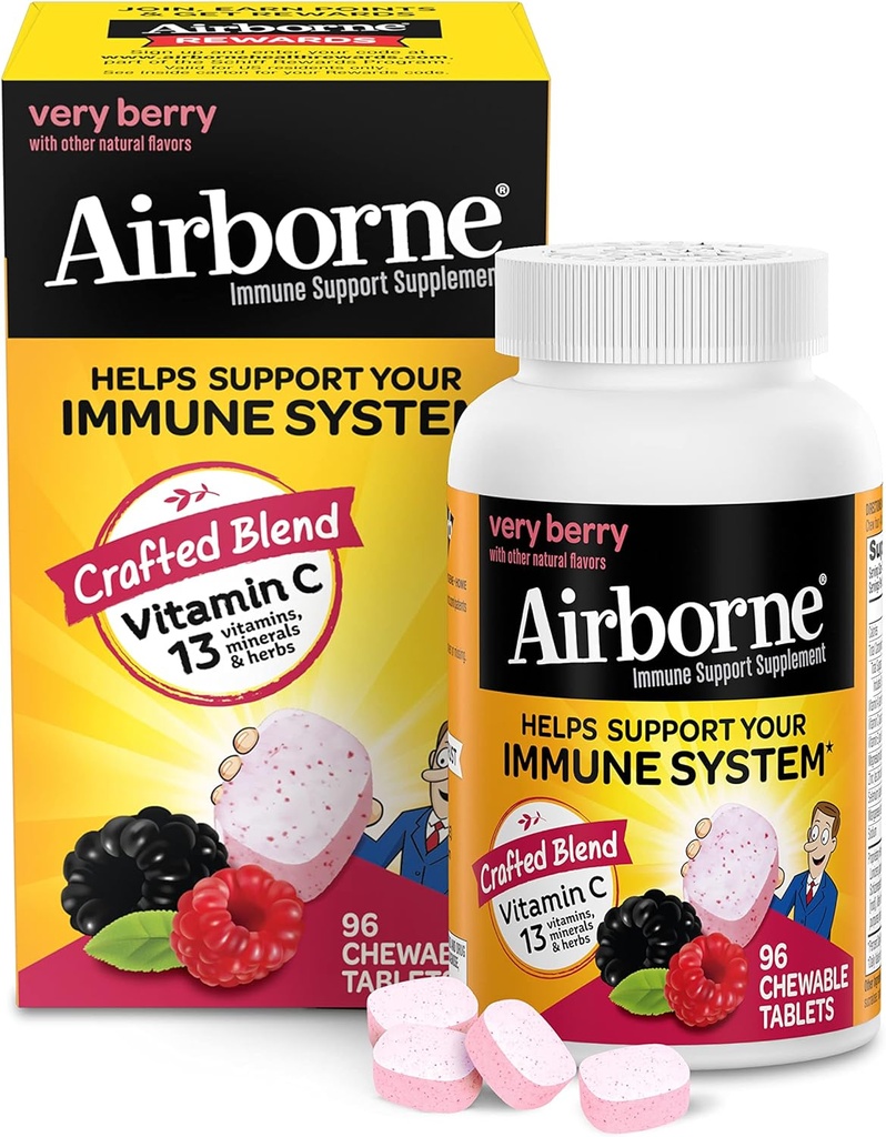 Airborne 1000mg Vitamina C Tablas agrietadas con zinc, Immune Support Suplemento con potentes antioxidantes Vitaminas A C &amp; E - 96 Tablas abatibles, muy sabor a baya