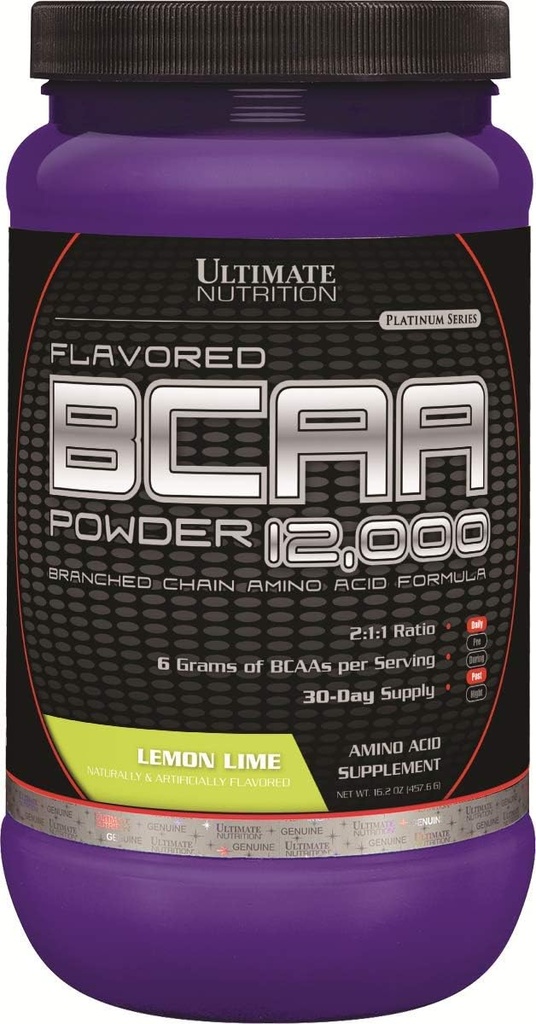 Ultimate Nutrition Flavored BCAA Powder 12,000, Post Workout Recovery Drink, 3g Leucine 1.5g Valine 1.5g Isoleucine, Branch Chain Amino Acids Suplementos para la recuperación del músculo, 60 Servings, Lemon Lime