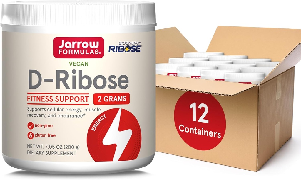 Jarrow Formulas D-Ribose Powder - 200g - Dietary Supplement Supports Muscle Recovery, Energy & Endurance - 100% Pure - Vegan - Non-GMO - Approx. 90 Servings, Pack of 12